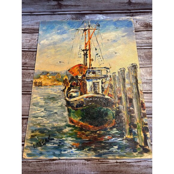 Mid Century Modern Abstract Ship Scene Oil on Board, Unframed - Picture 1 of 9